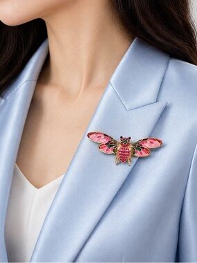 Pink Mosaic Wing Crystal Bug Butterfly Gold Brooch